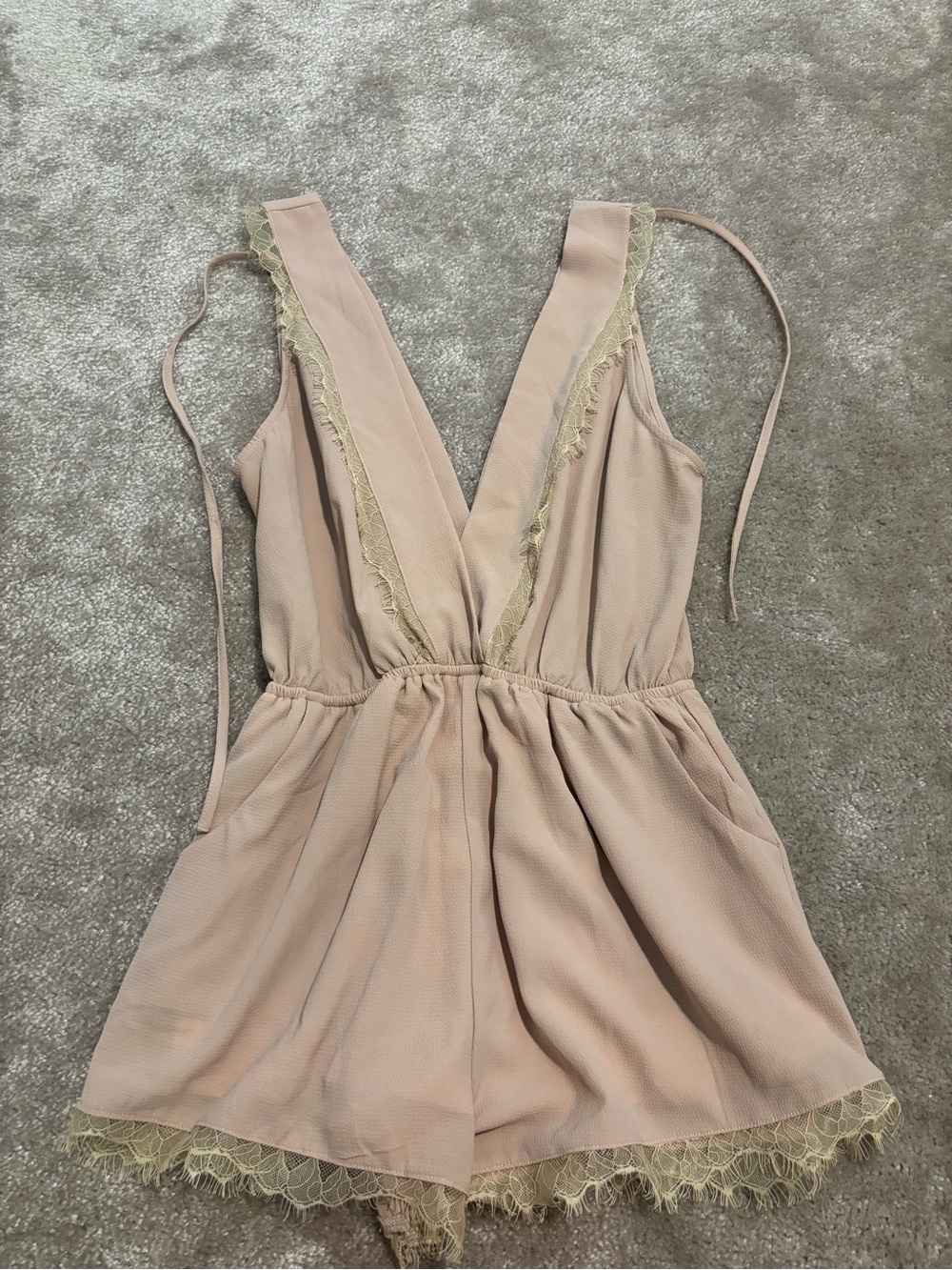 Tan Lace-Trim Deep V Romper